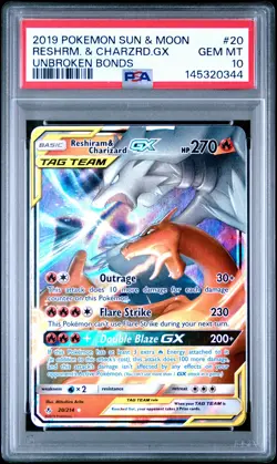 2019 POKEMON SUN & MOON UNBROKEN BONDS #20 RESHIRAM & CHARIZARD GX PSA 10 - Image 1