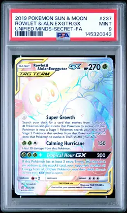2019 POKEMON SUN & MOON SECRET #237 FULL ART/ROWLET & ALOLAN EXEGGUTOR GX PSA 9 - Image 1