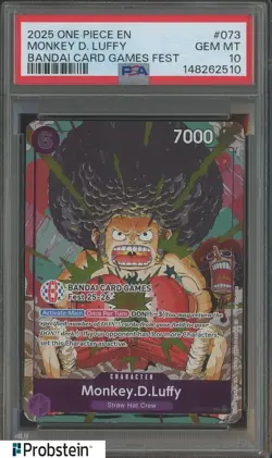 2025 One Piece EN Bandai Card Game Fest #073 Monkey D Luffy PSA 10 GEM MINT - Image 1