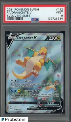 2021 Pokemon SWSH Evolving Skies #192 Dragonite V FA PSA 9 MINT - Image 1