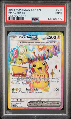 136925477 Pikachu ex 2024 Pokemon Scarlet Violet Surging Sparks #219 PSA 9 - Image 1