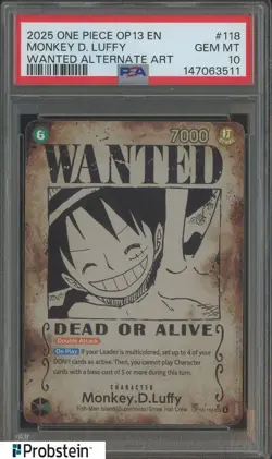 2025 One Piece OP13 EN Wanted Alternate Art #118 Monkey D Luffy PSA 10 GEM MINT - Image 1