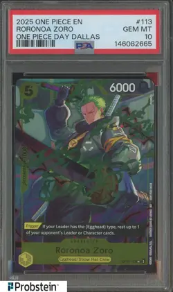 2025 One Piece EN One Piece Day Dallas #113 Roronoa Zoro PSA 10 GEM MINT - Image 1