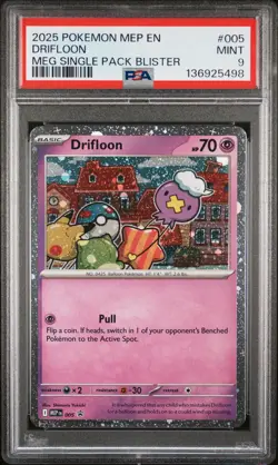 136925498 Drifloon 2025 Pokemon MEP Single Blister Promo #005 PSA 9 - Image 1