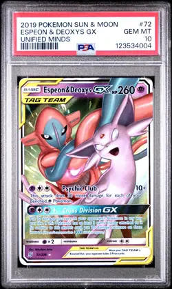 2019 POKEMON SUN & MOON UNIFIED MINDS #72 ESPEON & DEOXYS GX PSA 10 - Image 1