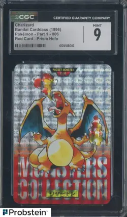 1996 Pokemon Bandai Carddass Part 1 006 Charizard Red Card Prism Holo CGC 9 MINT - Image 1