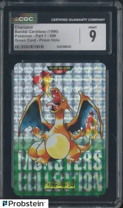 1996 Pokemon Bandai Carddass Part 1 006 Charizard Green Card Prism Holo CGC 9 - Image 1