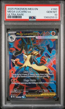136925513 Mega Lucario ex 2025 Pokemon Mega Evolution #160 Ultra Rare PSA 10 - Image 1