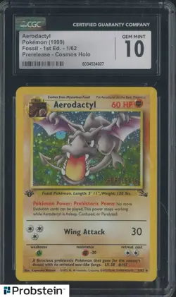 1999 Pokemon Fossil 1st Edition 1/62 Aerodactyl Cosmos Holo CGC 10 GEM MINT - Image 1