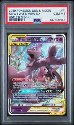 2019 POKEMON SUN & MOON UNIFIED MINDS #71 MEWTWO & MEW GX PSA 10 - Image 1