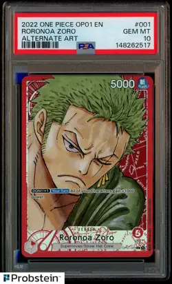 2022 One Piece OP01 EN Alternate Art #001 Roronoa Zoro PSA 10 GEM MINT - Image 1