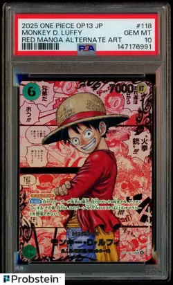 2025 One Piece OP13 JPN Red Manga Alt Art #118 Monkey D. Luffy PSA 10 GEM MINT - Image 1