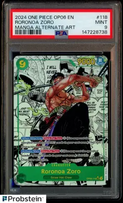2024 One Piece OP06 EN Manga Alternate Art #118 Roronoa Zoro PSA 9 MINT - Image 1