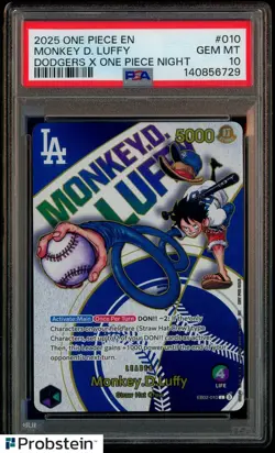 2025 One Piece EN Dodgers X One Piece Night #010 Monkey D. Luffy PSA 10 GEM MINT - Image 1
