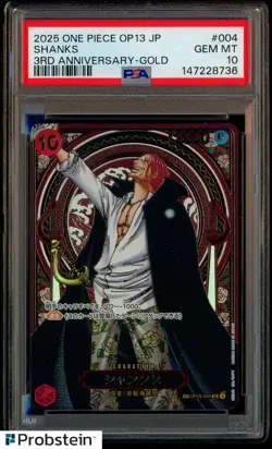 2025 One Piece OP13 JPN 3rd Anniversary Gold #004 Shanks PSA 10 GEM MINT - Image 1