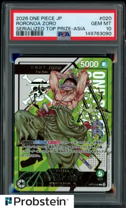 2026 ONE PIECE CARD JPN RORONOA ZORO SERIALIZED TOP PRIZE ASIA OP12-020 PSA 10 - Image 1