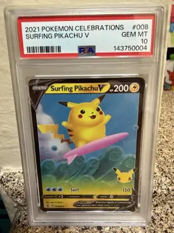 2021 POKEMON CELEBRATIONS #008 SURFING PIKACHU V PSA 10 - Image 1
