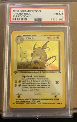 1999 POKEMON FOSSIL #14 RAICHU-HOLO 1ST EDITION PSA EX-MT 6 - Image 1