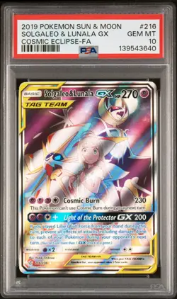 2019 POKEMON SUN & MOON COSMIC ECLIPSE #216 FULL ART/SOLGALEO & LUNALA GX PSA 10 - Image 1