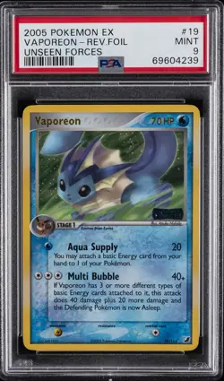 2005 POKEMON EX UNSEEN FORCES #19 VAPOREON-REVERSE FOIL PSA 9 - Image 1