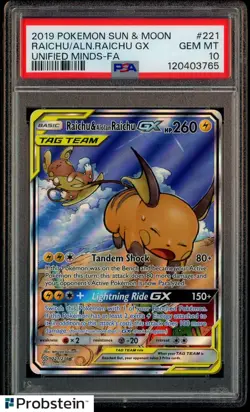 2019 Pokemon S&M Unified Minds Raichu & Alolan Raichu GX ALT ART 221/236 PSA 10 - Image 1