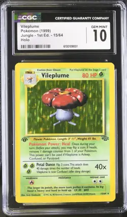 Pokemon Vileplume Jungle 1st Edition Holo Rare #15 CGC 10 Gem Mint - Image 1