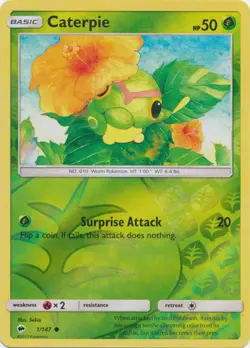 Pokemon - Caterpie - 1/147 - Common - Reverse Holo - Sun & Moon Burning Shadows - Image 1