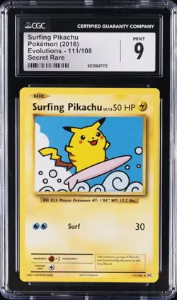 2016 POKEMON EVOLUTIONS - SECRET RARE #111/108 SURFING PIKACHU CGC 9 - Image 1
