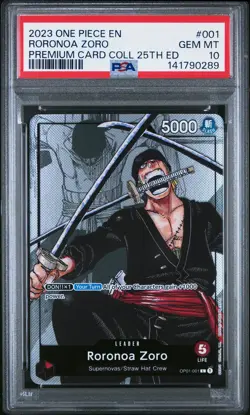 2023 ONE PIECE PREM BANDAI PREM CARD COLL 25TH ED #001 RORONOA ZORO PSA 10 - Image 1