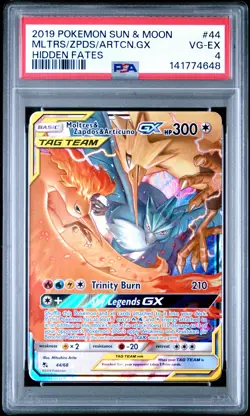 2019 POKEMON SUN & MOON HIDDEN FATES #44 MOLTRES & ZAPDOS & ARTICUNO GX PSA 4 - Image 1
