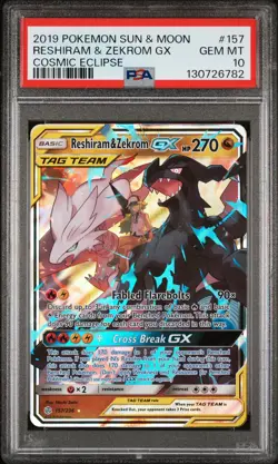 2019 POKEMON SUN & MOON COSMIC ECLIPSE #157 RESHIRAM & ZEKROM GX PSA 10 - Image 1