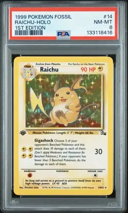 1999 Pokemon 1st Edition RAICHU HOLO Fossil #14/62 PSA 8 NEAR MINT NM - Image 2