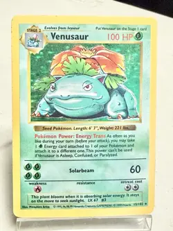 Vintage Pokemon Venusaur Base Set Shadowless Holo Rare 15/102 Card - Image 1
