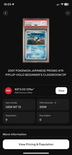Piplup 074/DP-P Pokemon Card Beginner’s Classroom Promo Japanese PSA 10 Swirl - Image 3