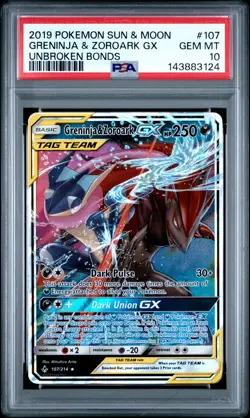 2019 POKEMON SUN & MOON UNBROKEN BONDS #107 GRENINJA & ZOROARK GX PSA 10 - Image 1