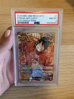 2014 Straw Hat Luffy Miracle Battle Carddass One Piece OP17 God Omega Rare PSA 8 - Image 1