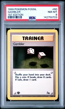 PSA 8 NM/MT 1999 POKEMON FOSSIL 60 GAMBLER 1ST EDITION ENGLISH - Image 1