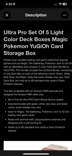 Ultra Pro Set Of 5 Light Color Deck Boxes Magic Pokemon YuGiOh Card Storage Box - Image 2