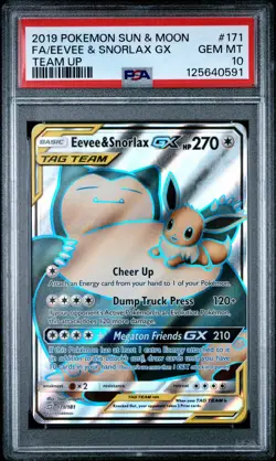2019 POKEMON SUN & MOON TEAM UP #171 FULL ART/EEVEE & SNORLAX GX PSA 10 - Image 1