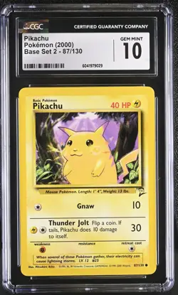 CGC 10 GEM MINT Pikachu 2000 Base Set 2 87/130 Pokemon Card - Image 1