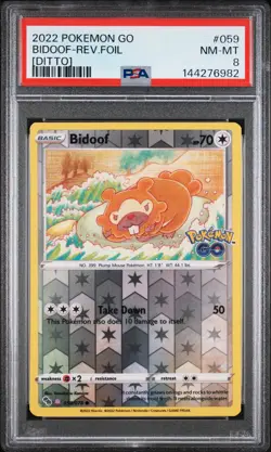 2022 Pokemon Go 59 Bidoof (Rev Foil) (Ditto) Peel-able Card Hidden Ditto PSA 8 - Image 1