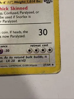 1999 Pokemon TCG Jungle Snorlax 27/64 Non Holo Rare Vintage WOTC Card HP Played - Image 4
