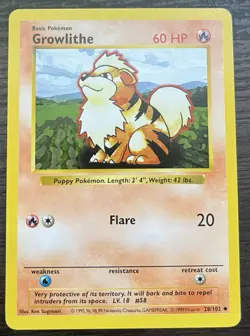 Growlithe 028/102 Pokemon TCG WOTC Base Set (Shadowless) Regular MINT - Image 1