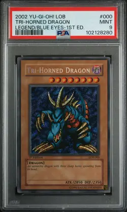 2002 YU-GI-OH! LOB-LEGEND OF BLUE EYES WHITE DRAGON #000 TRI-HORNED DRAGON PSA 9 - Image 1