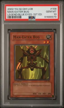 2002 YU-GI-OH! LOB-LEGEND OF BLUE EYES WHITE DRAGON 1ST ED MAN-EATER BUG PSA 10 - Image 1