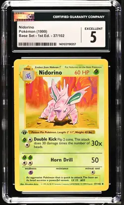 *POP 6* CGC 5 Nidorino Non-Holo 1st Edition Base Set 37/102 Pokemon 1999 Ex - Image 1