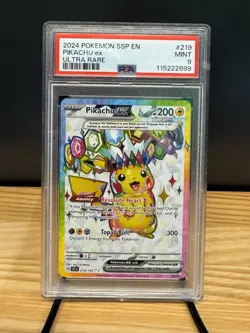 2024 Pokemon Sv08: Surging Sparks Pikachu ex Ultra Rare Full Art Holo #219 PSA 9 - Image 1