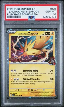 Pokemon Team Rocket's Zapdos Destined Rivals Purch. Bonus Asia Promo #070 PSA 10 - Image 1