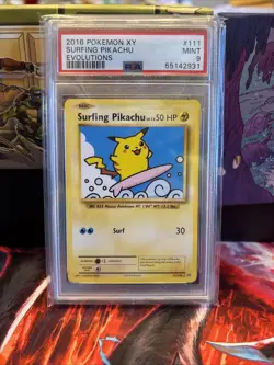 PSA Mint 9 Surfing Pikachu 111/108 Evolutions Secret Rare Graded Pokemon Card - Image 1