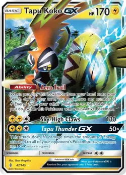 Tapu Koko GX - 47/145 - Pokemon Guardians Rising Sun & Moon Ultra Rare Card NM - Image 1
